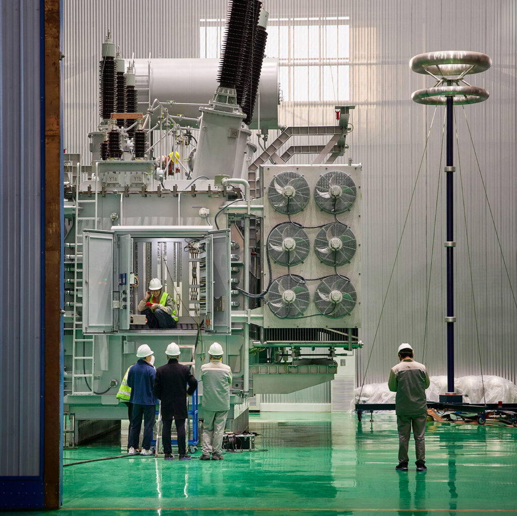 Substation power transformer under factory inspection