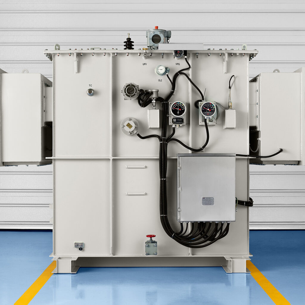 Substation transformer rear panel with gauges and control box
