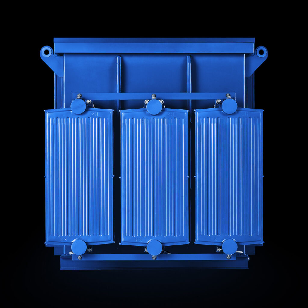 Three-phase pad-mounted transformer, front view with external radiator panels