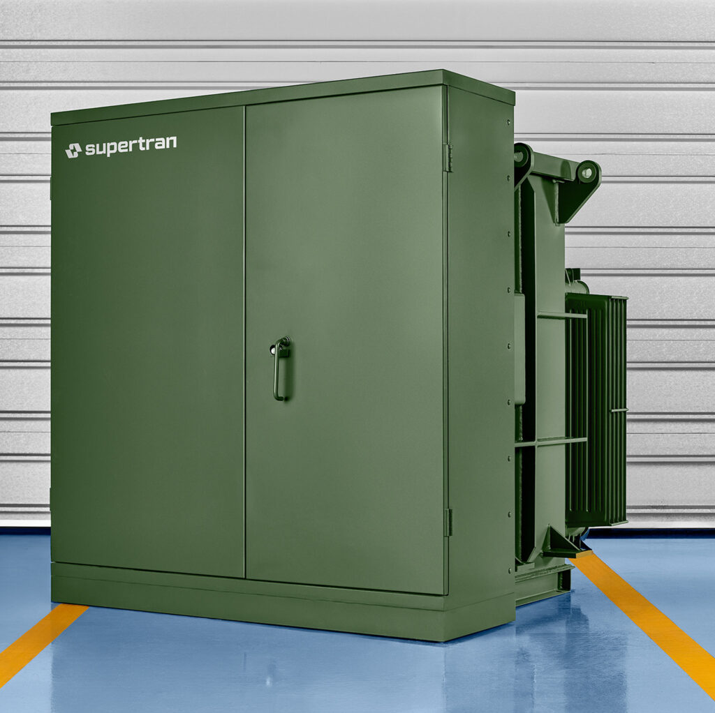 Three-phase pad-mounted transformer with front access cabinet