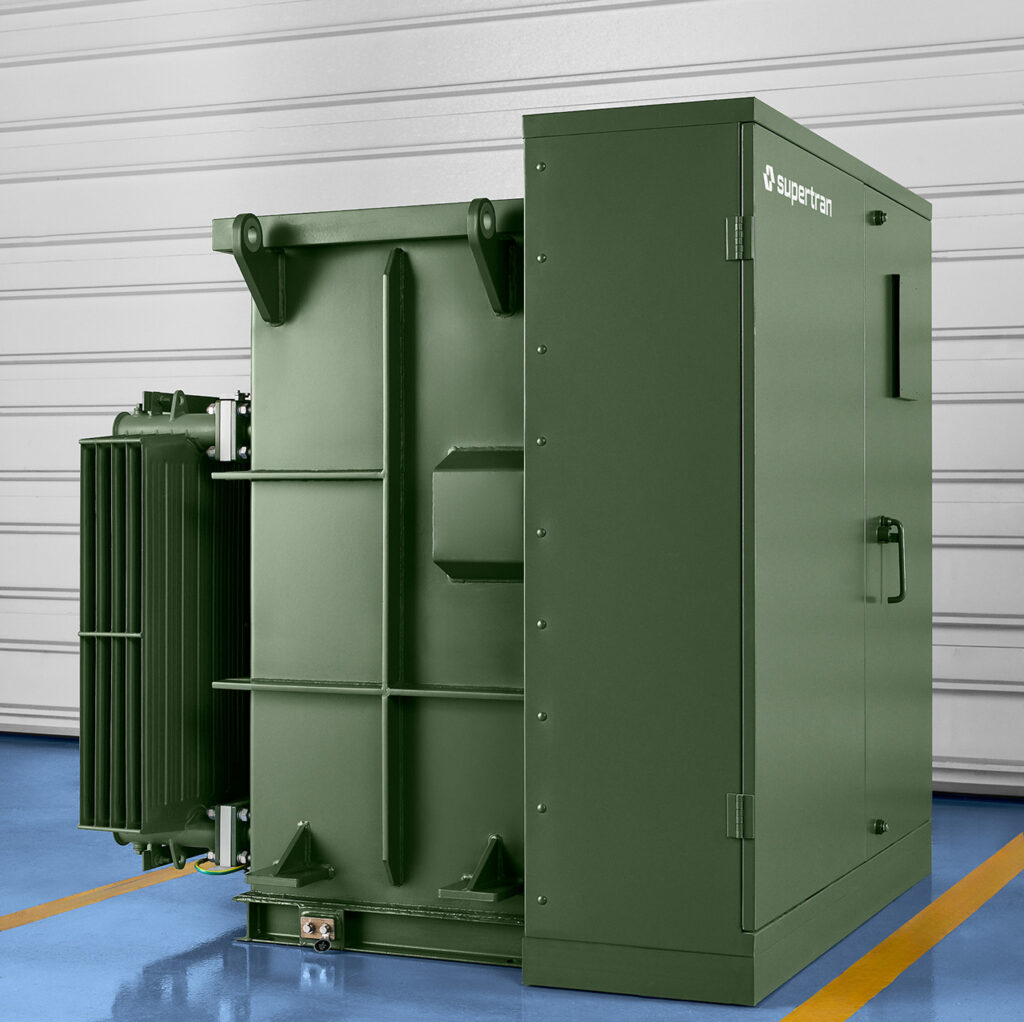 Three-phase pad-mounted transformer, rear side view with cooling radiator