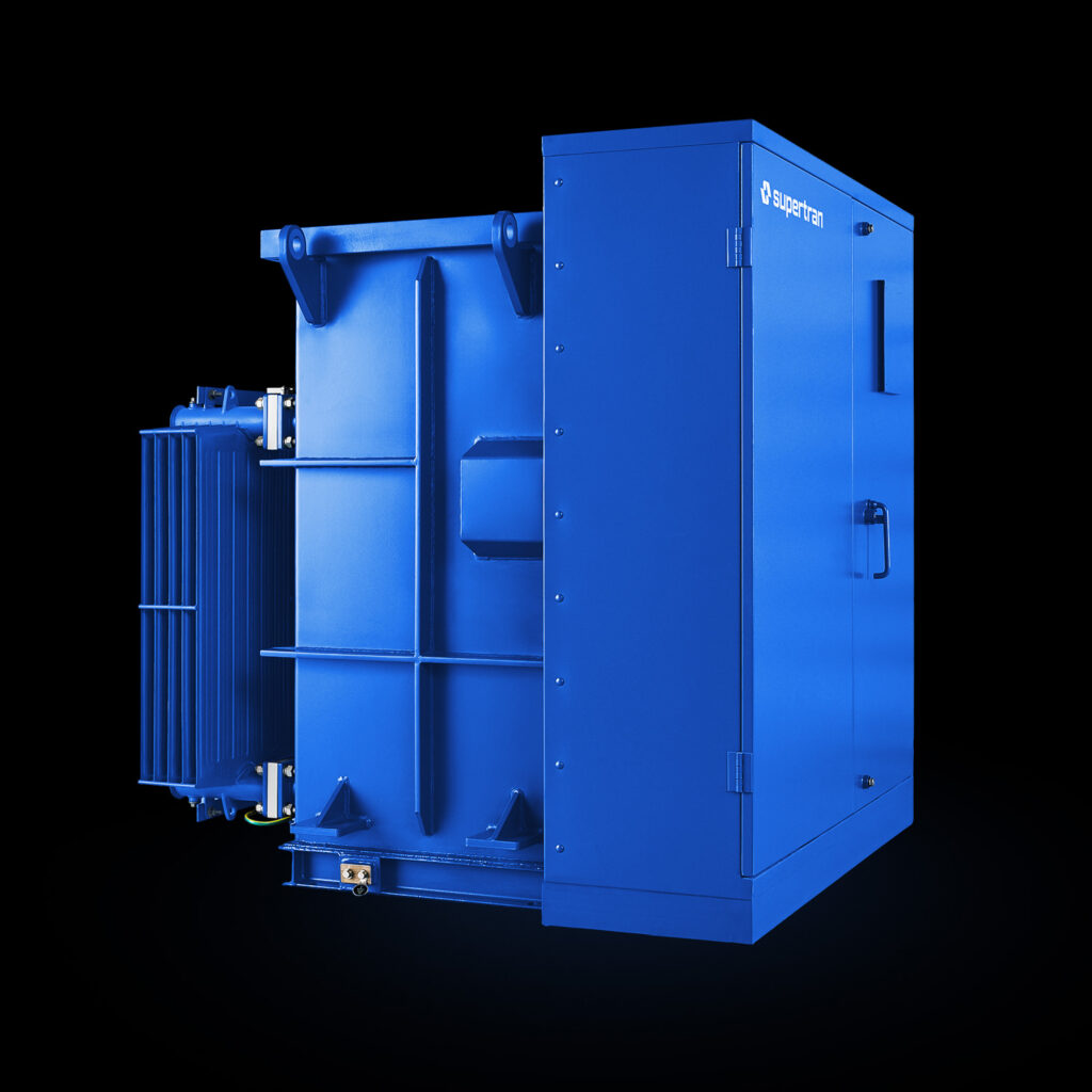 Three-phase pad-mounted transformer, rear side view with cooling radiator